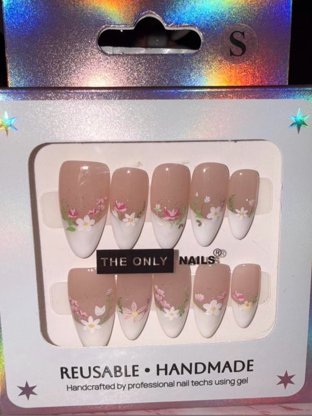 The Only Nails French Tip with Pink Floral Design Reusable Press-On Nails